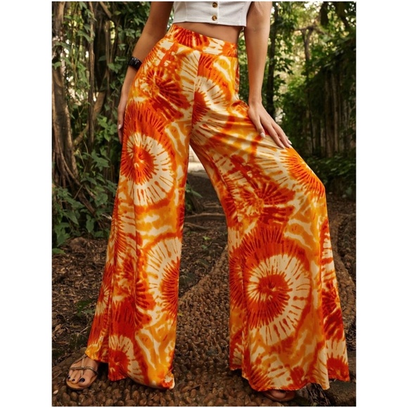 Boho Orange Tie Dye Wide leg Palazzo Pants - Picture 3 of 5